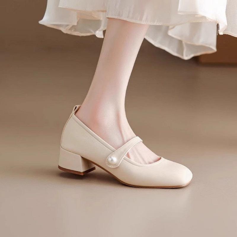 

2025 новые туфли Мэри Джейн с квадратным носком, фееричный темперамент, мягкая кожа, повседневные одинарные туфли, женские туфли на толстом каблуке, мягкая подошва, маленькие кожаные туфли 40 бежевый