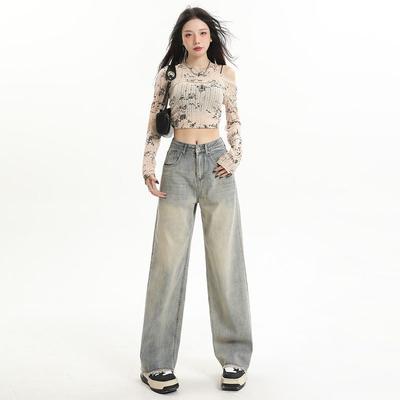 Damen Jeans Hohe Taille Vintage Gerade Baggy Denim Hose Streetwear Amerikanischer Stil Mode Lässig Weites Bein Denim Hose Übergröße