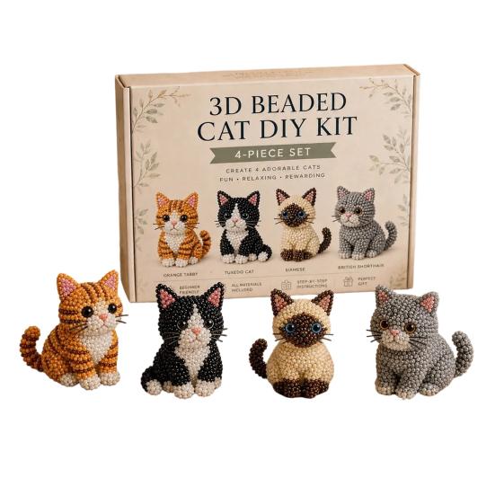 Tiny 3D Beaded Animal DIY Kit Cute 4 Pcs Cat Beading Crafts with Instruction