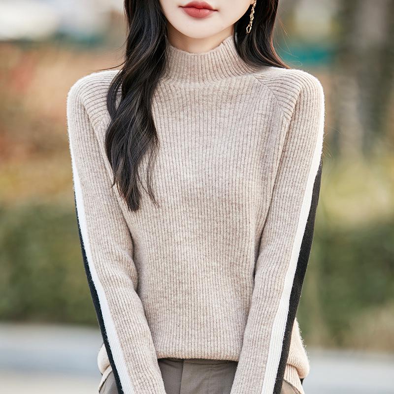 French Color-Block Ribbed Wool Knit Top - Women's New Autumn/Winter Long-Sleeved Half-High Neck