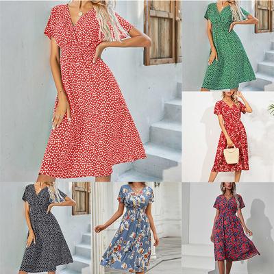 Vestido de manga curta com estampa floral pequena e decote em V, simplicidade, moda verão, roupas femininas, saia média