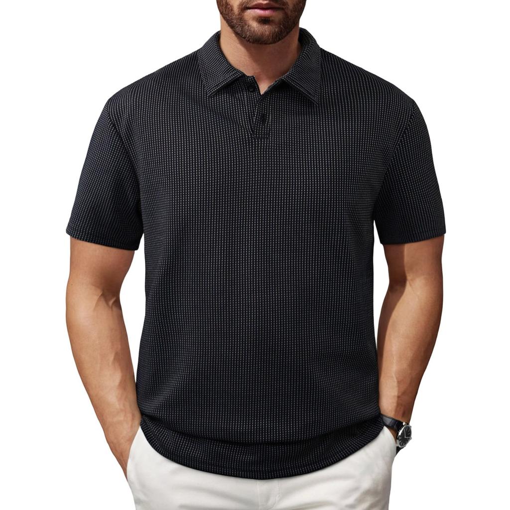 Men's Casual Polo Shirt Short Sleeve Striped Collar European Fit Lightweight Breathable Summer Top