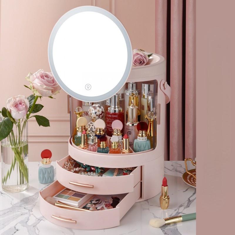 Cosmetic Storage Box Desktop Dustproof with Mirror Integrated Skin Care Products Dressing Table Shelf Makeup Box