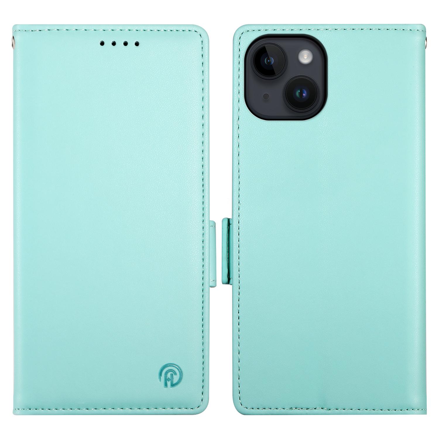 

DF-010 For iPhone 14 Case Solid Color PU Leather Wallet Drop-Proof Phone Cover Mint Green