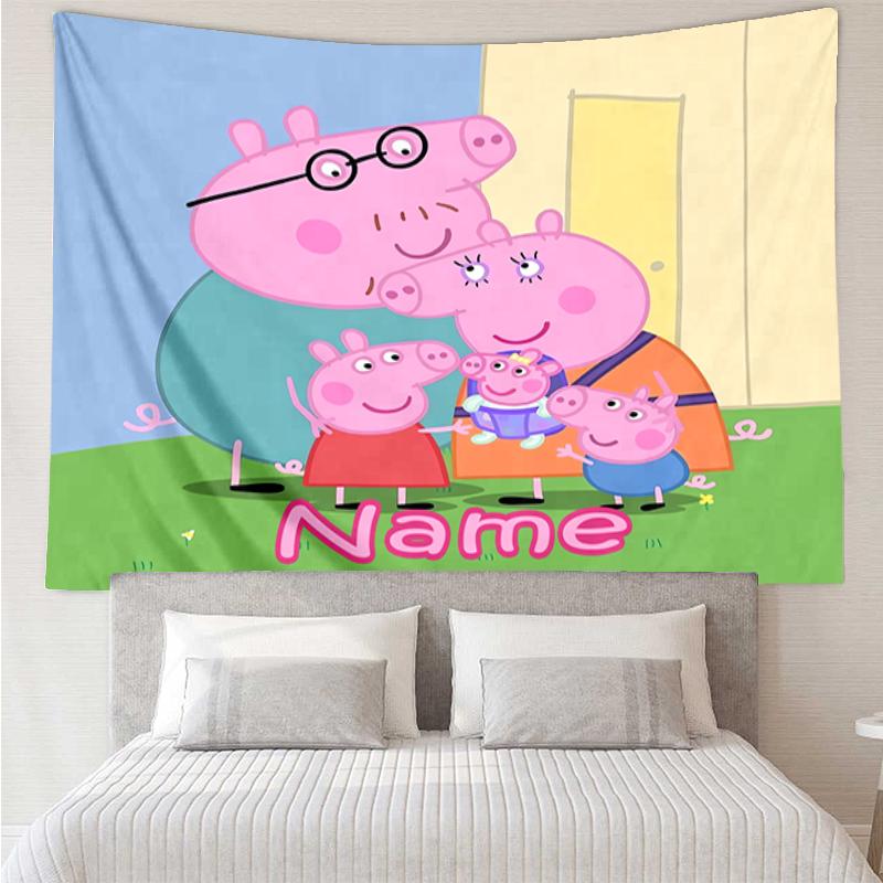 Custom Name Peppa Pig Print Tapestry, Backdrop, Easy Setup, Ideal for Bedroom, Office & Living Room, with Aesthetic Wall Hanging Decor.