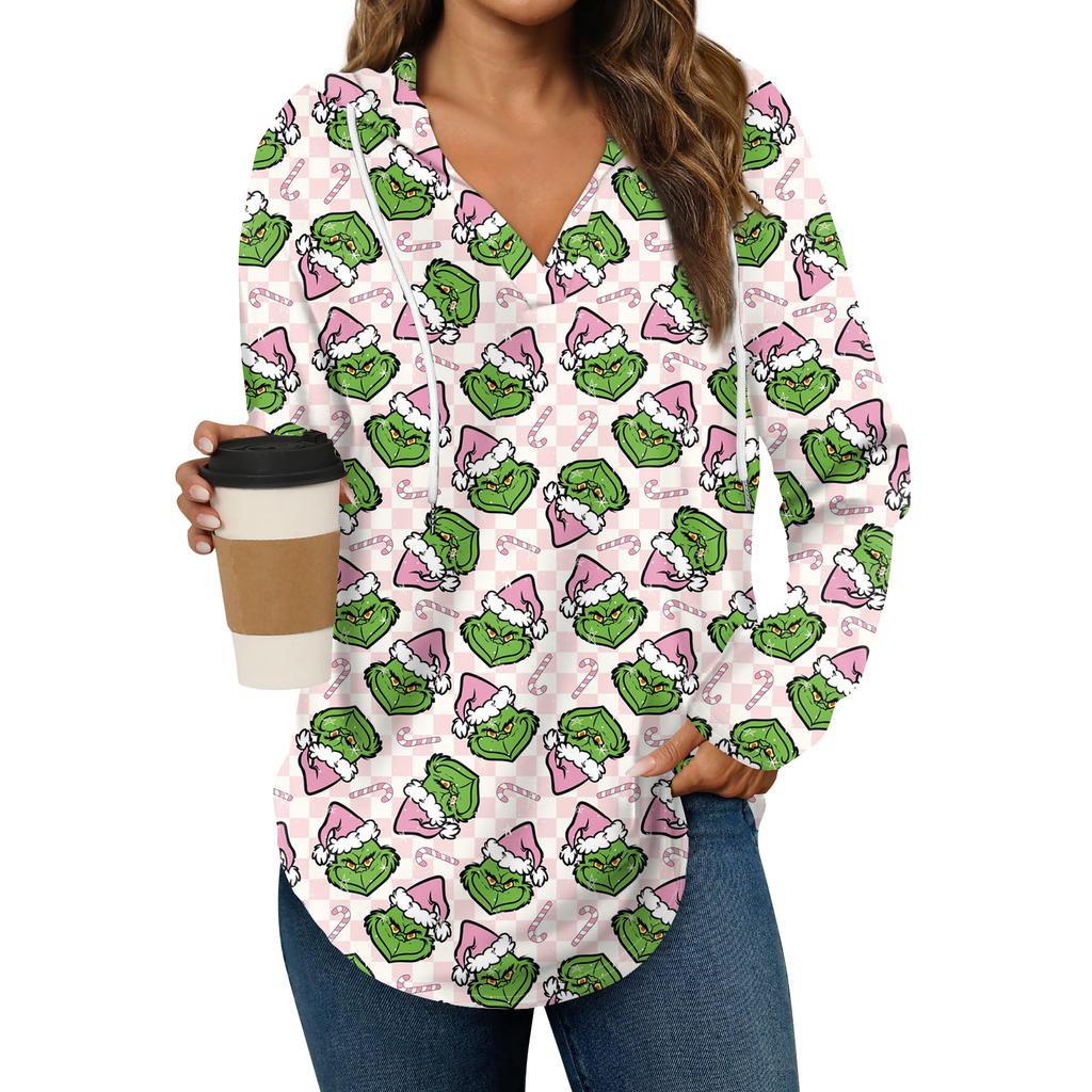 Women's Fashion Hoodies V Neck Long Sleeve Christmas Printed Drawstring Casual Loose Pullover Tops