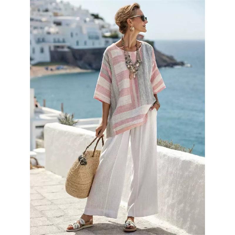 Y1 Short Sleeve Shirt Set Fashion Digital Printing Women's Loose Crew Neck Top High Waist Pants Two-piece Set