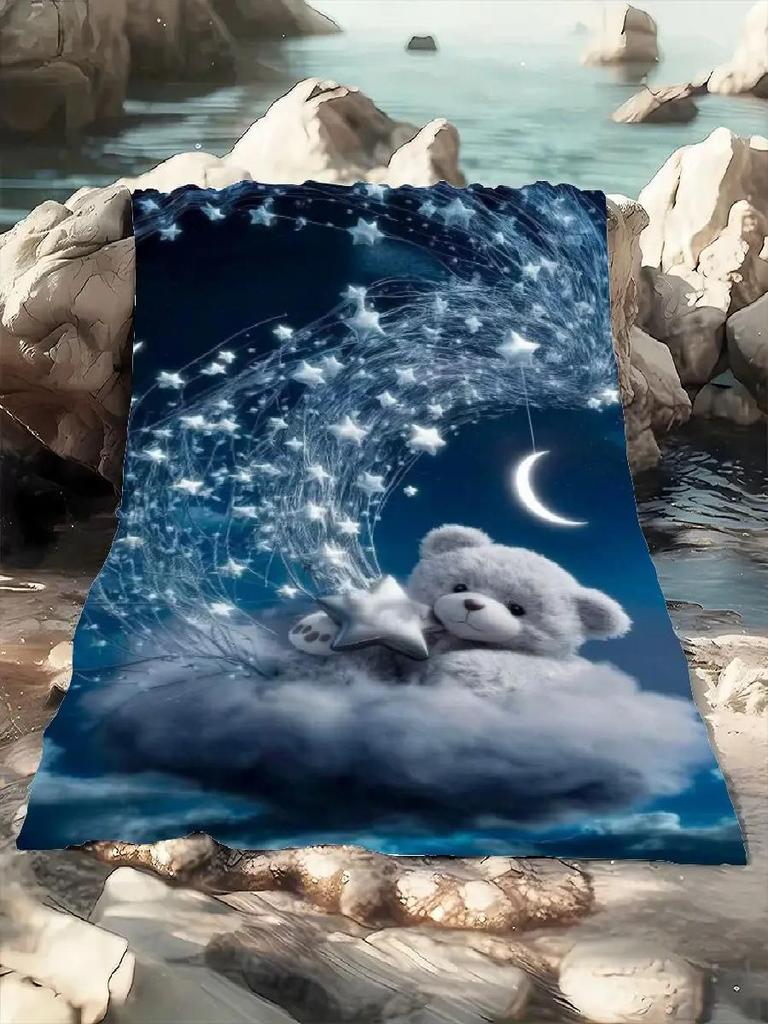Dreamy Gray Teddy Bear on White Cloud Throw Blanket Ultra Soft Cozy Plush with Shiny Silver Stars Design for Comfort
