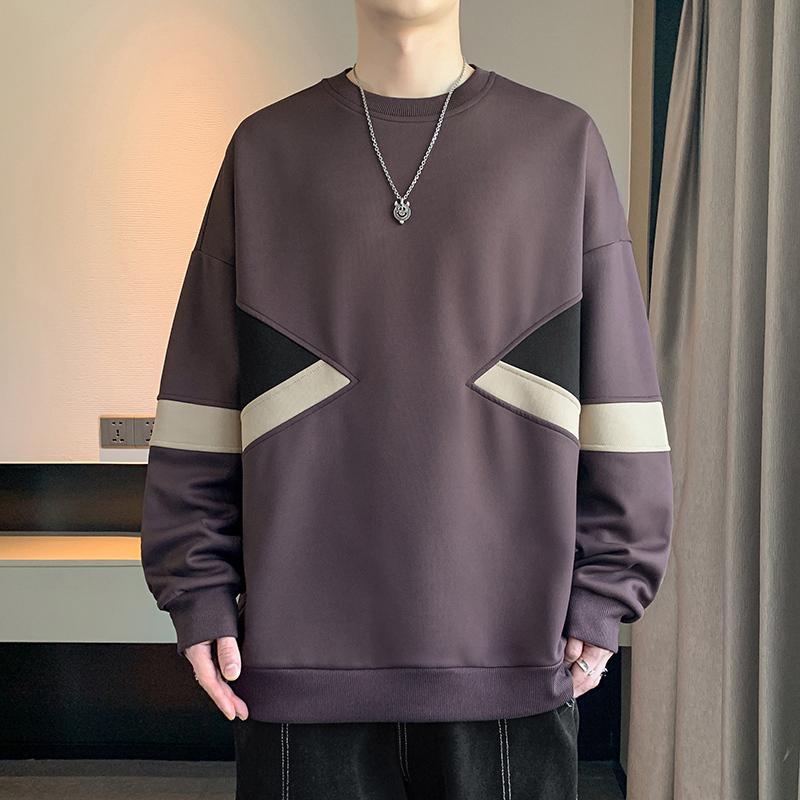 Men's Color Block Crew Neck Sweatshirt - Casual Long Sleeve Pullover with Contrast Panel Design
