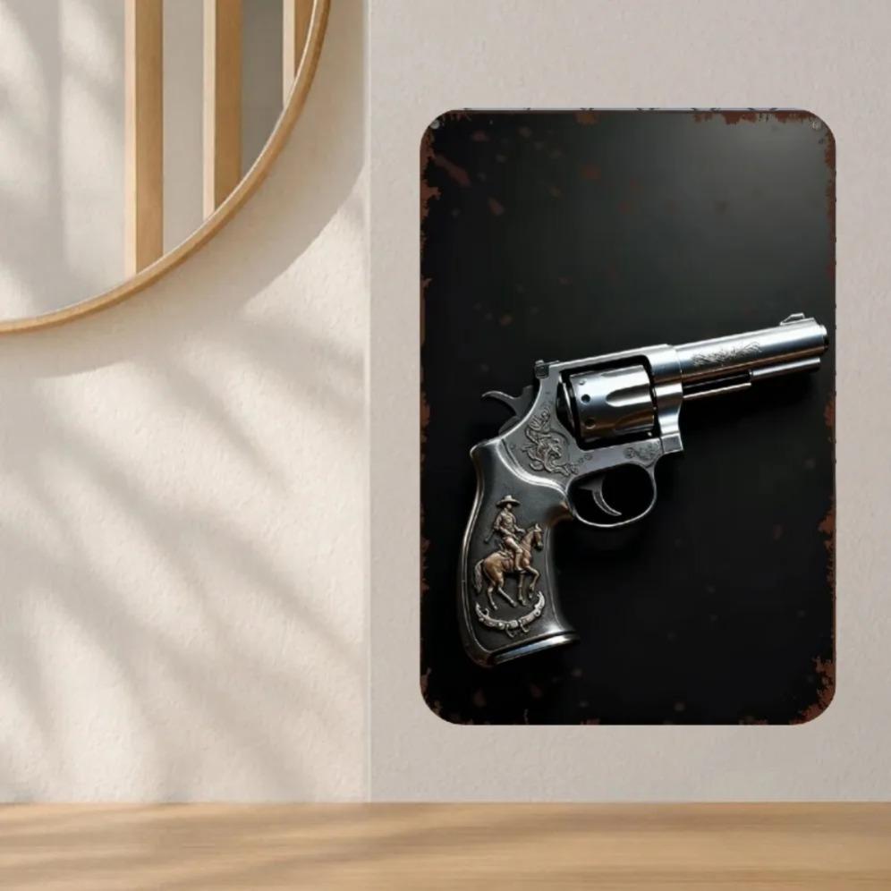 Western Revolver Metal Tin Sign Vintage Wall Art for Man Cave Bar Home Decor