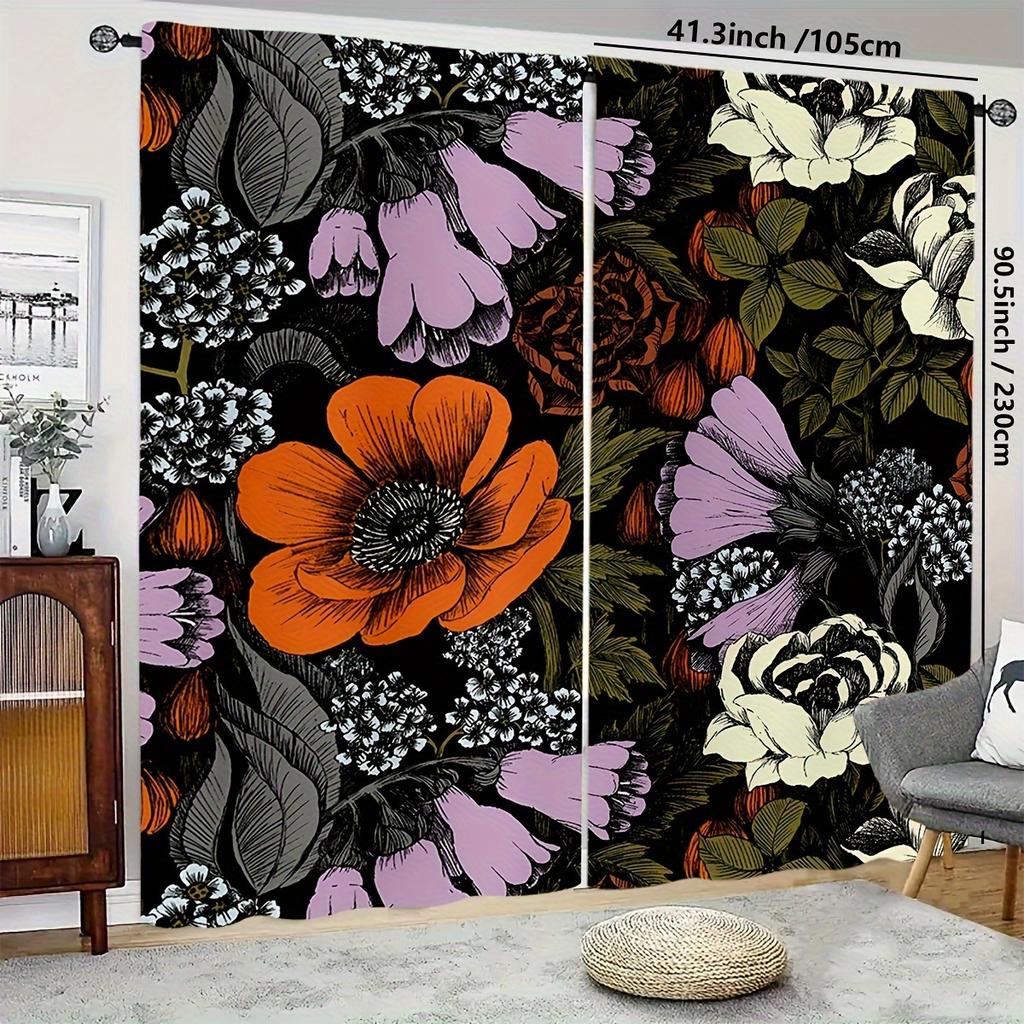 curtain2pcs Plant Floral Curtains- Vintage Flower Curtain, Dark Color Leaf Print Drapes for Bedroom, Living Room, Apartment
