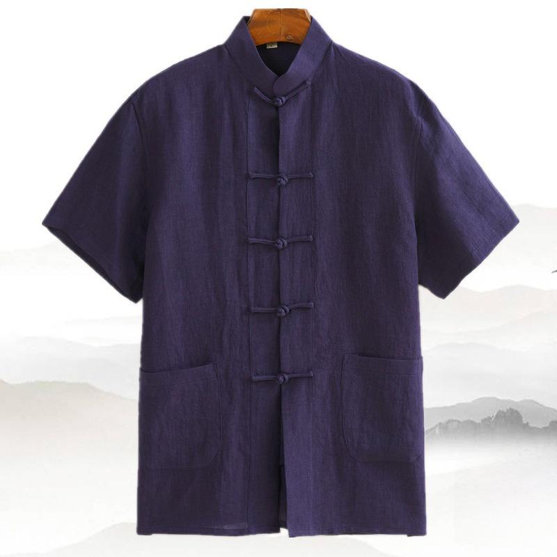 [Popular] Cămașă de vară cu mânecă scurtă pentru bărbați, stil chinezesc, in pur, retro, costum Tang