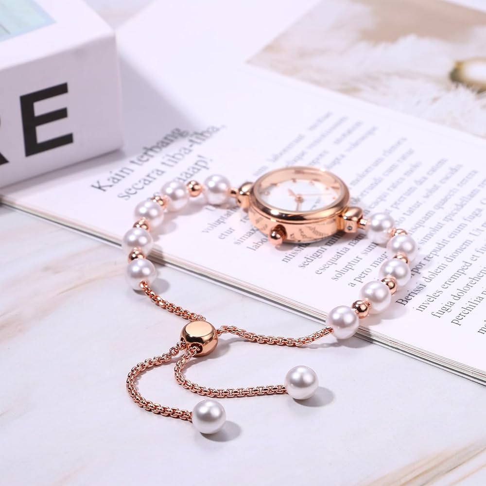 "Fashion Pearl Bracelet Watch Analog Display 3ATM Waterproof Stainless Steel Bangle Rose Gold Women's Accessories"