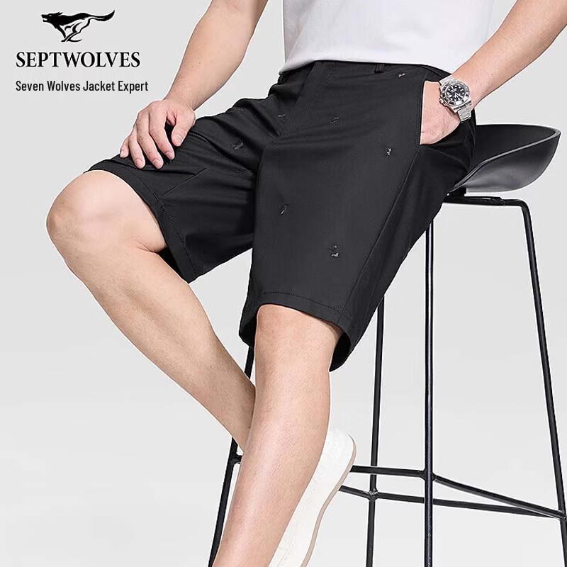 SEPTWOLVES Men s Embroidered Linen Blend Casual Shorts 33A