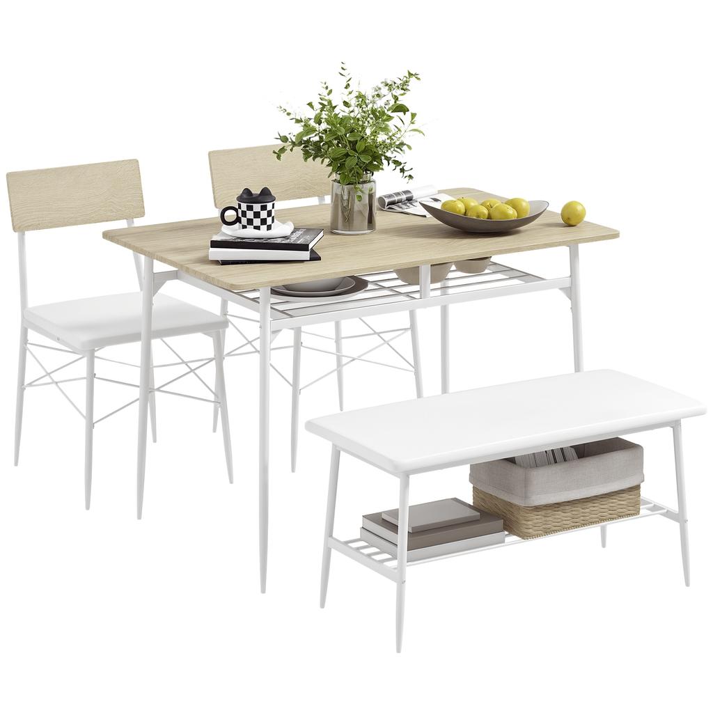 4-Piece Dining Table Set with Chairs and Bench for 4 People, Upholstered Seats, Steel Frame, Wood, Oak