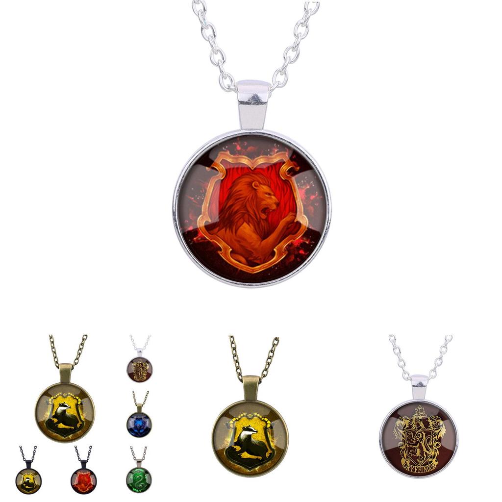 Harry Potter Hogwarts Crest Silver Necklace With Glass Pendant For Fans And Cosplay
