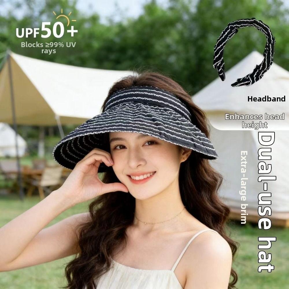 Wide Brim Sun Visor Hat Folding Headband Bucket Hat Trendy Women's Stripe Sun Hat  Summer Outdoor