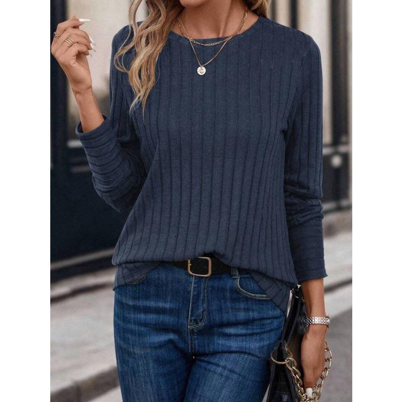 Solid Color Comfortable Round Neck Pit Stripe T-shirts for Spring and Autumn Casual Long Sleeves Women's T-shirts