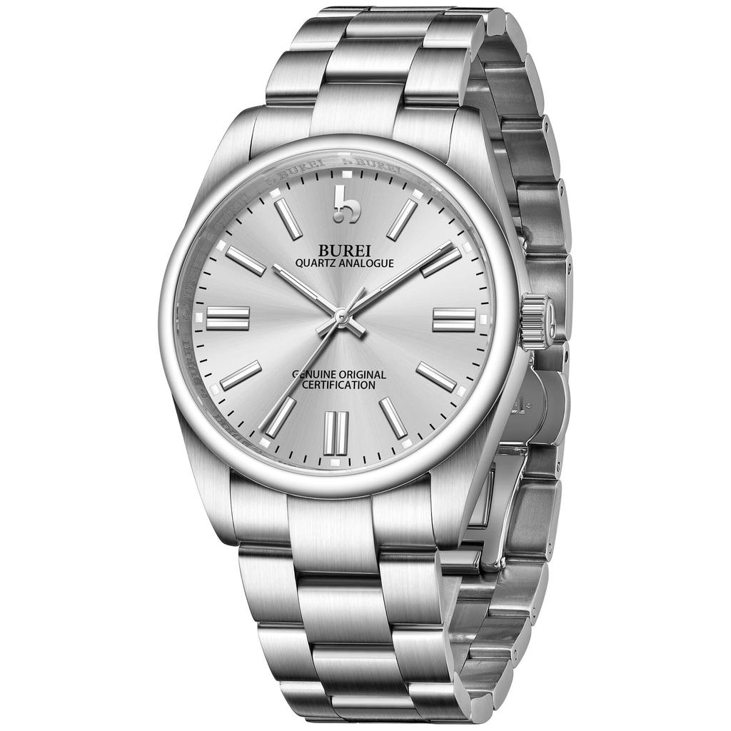 BUREI Men's Quartz Analog Watch, Waterproof, Black Dial, Popular Brand, Simple and Stylish, for Business, Gentleman, Couple, Birthday Gift (Silver G)