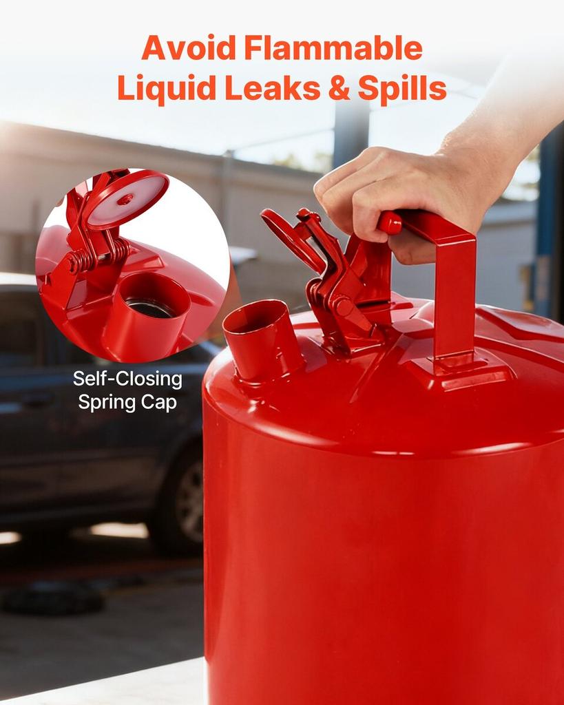 Safety Gas Can, 19 L Type I Red Safety Can for Gasoline with Stainless Steel Flame Arrester, Self-Closing Lid, and PE Funnel, Carbon Steel Flammable