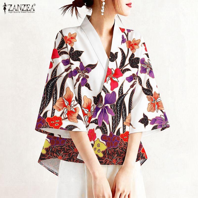 ZANZEA Blusa Casual da Donna con Scollo a V Maniche 3/4 Ampie Stampa Floreale