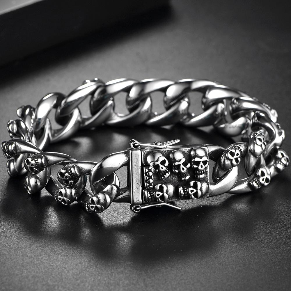 Men's Cast 316l Stainless Steel Skull Link Bracelet Man Punk Gothic Skeleton Head Wristband Biker Rock Chain Jewelry Accessories