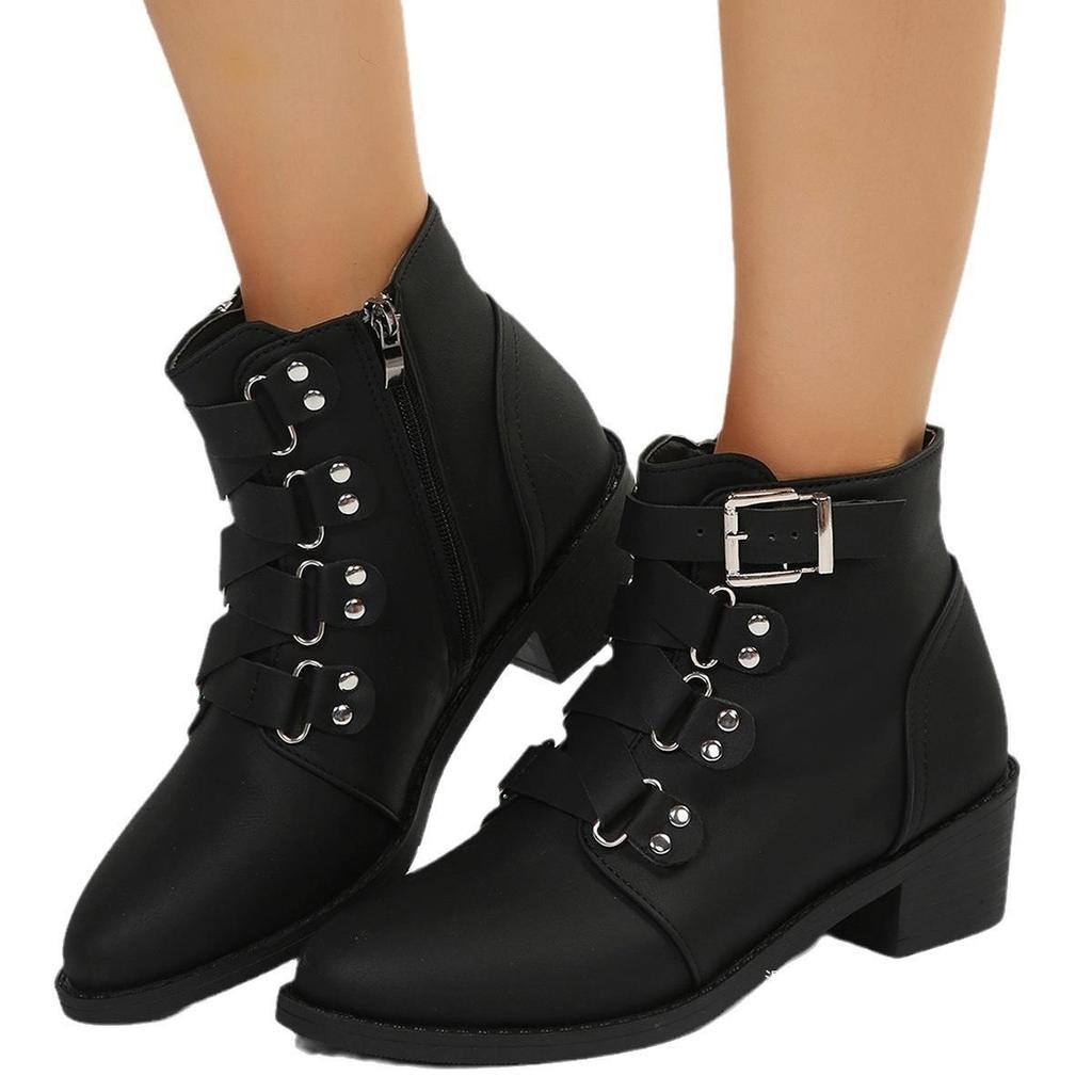 ebay large size thick heel pointed short leather boots women's side zipper belt buckle middle heel knight boots