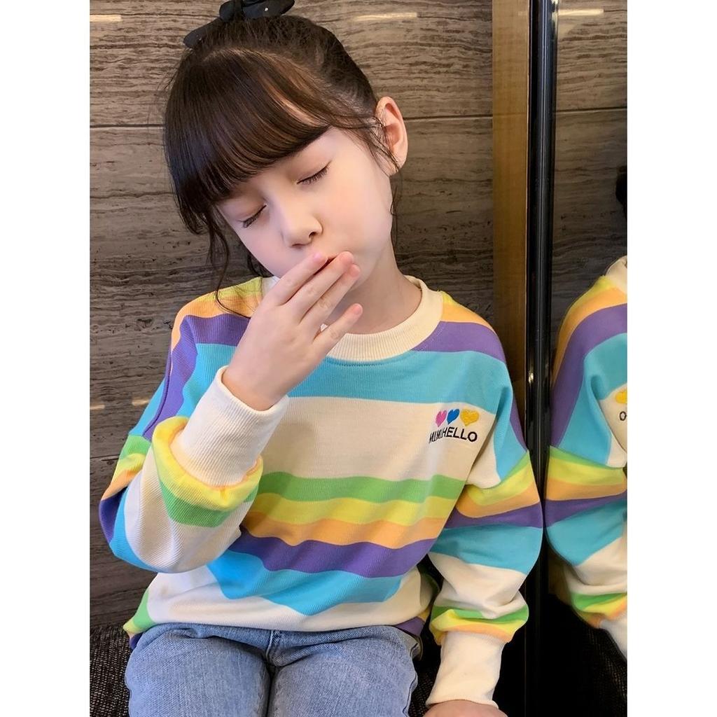 Girls Rainbow Striped Long Sleeve Sweatshirt Spring Autumn Korean Top