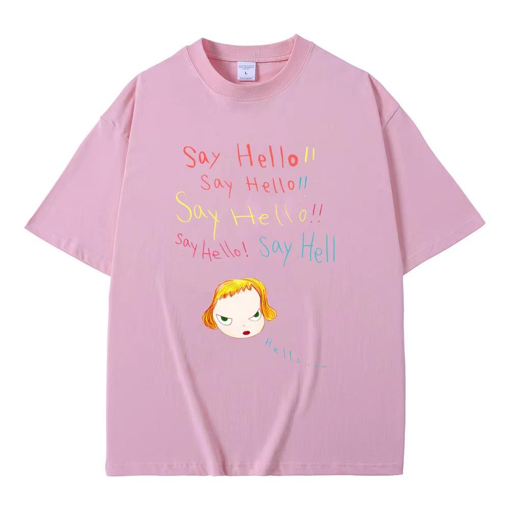 Yoshitomo Nara Sag Hallo Lustige Meme T-Shirts Sommer Unisex Unisex Lässiges Übergroßes T-Shirt Unisex Y2k Kunst Ästhetische T-Shirts