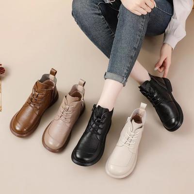Cowhide Retro Short Boots Autumn/Winter Women's Flat Bottom Soft Face Head Layer Cowhide Short Boots Comfortable Boots New Style