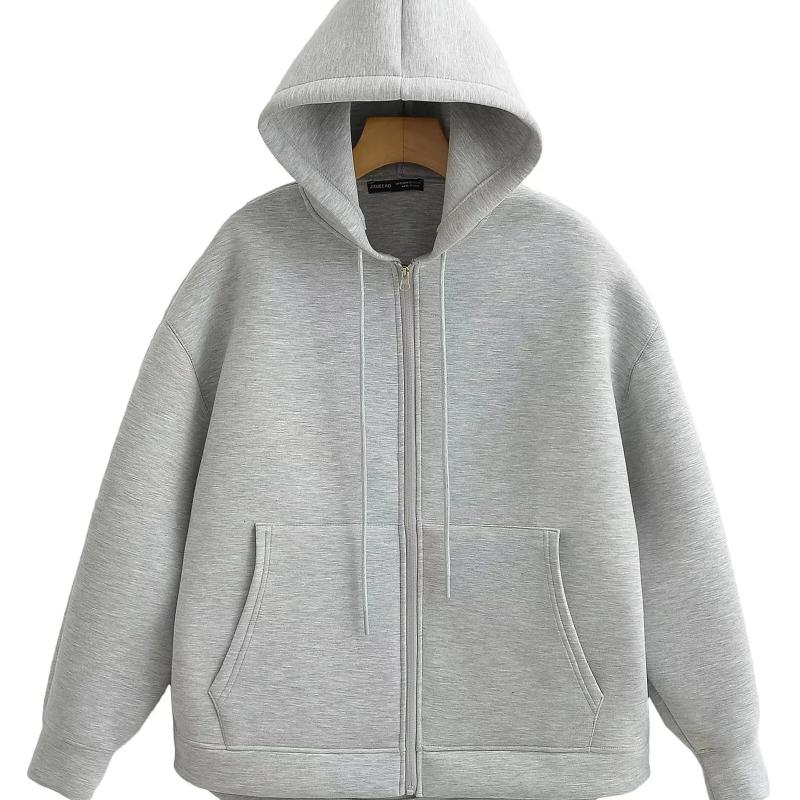Autumn Women Gray Jacket With Hood Long Sleeve Big Pocket Zipper Jacket Coat Woman Loose Casual Outerwear Coat Tops