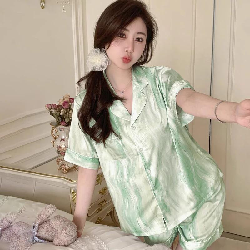 Literary Retro Water Wave Print Women's 3pcs Pajamas Classic Elegance Flowing Green Home Sleepwear New Autumn Ins Nightwear