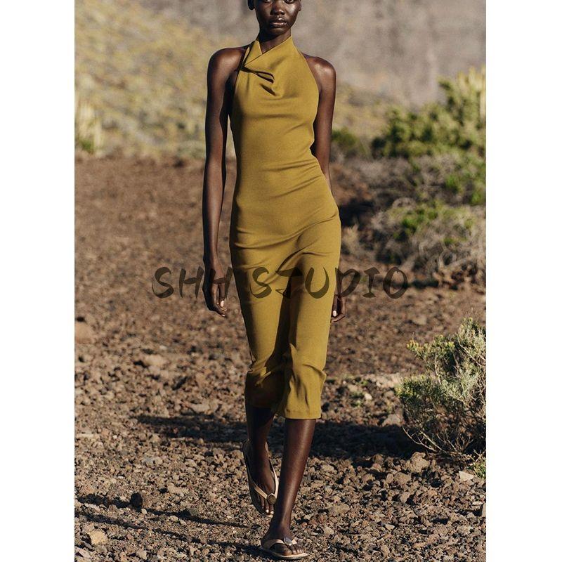 Spring New Women's Clothing Vertical Open Back Hanging Collar Sleeveless Elegant Long Midi Skirt Dress 1044155
