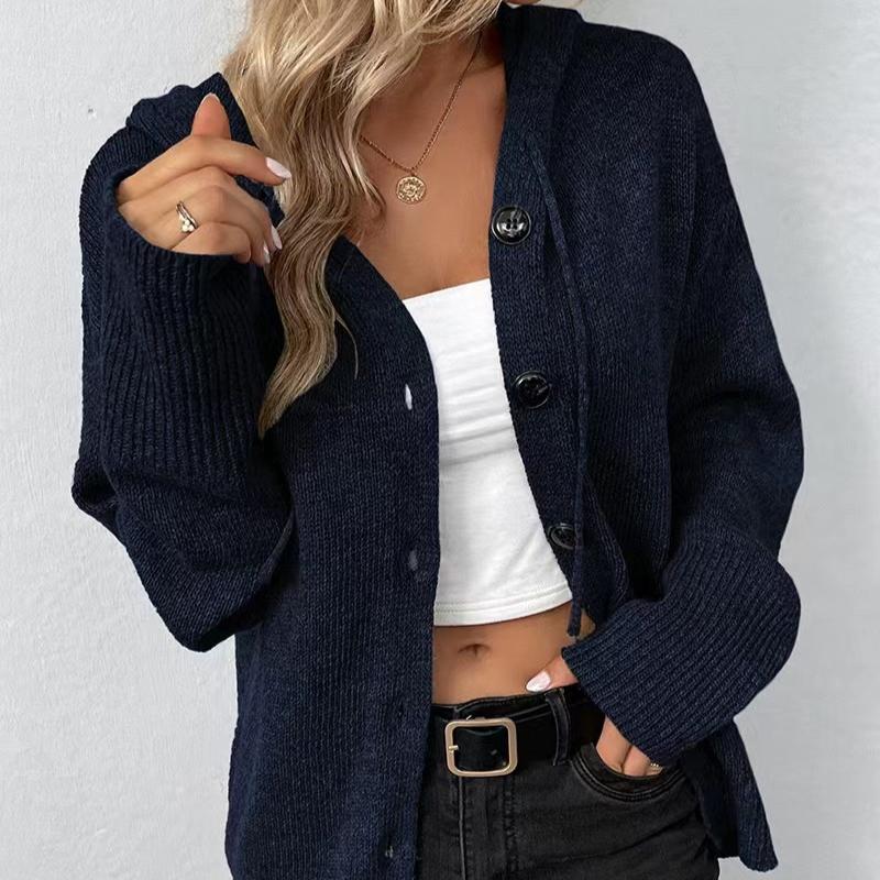 IHUASU Autumn and Winter Drawstring Knit Cardigan Jacket Women's Solid Colour Hooded Single-breasted Jumper
