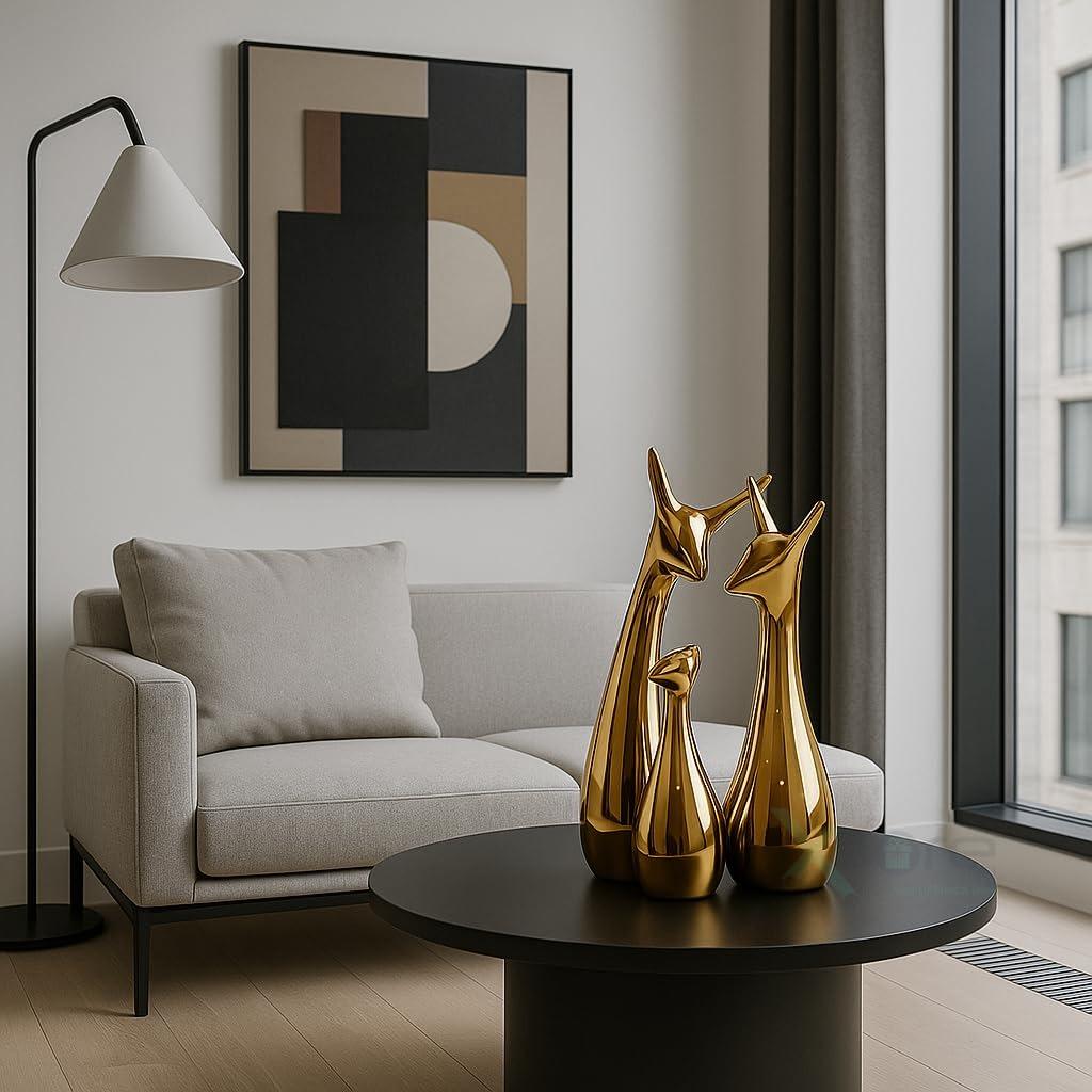 Home Decor Lucky Deer Family | Metallic Golden Finish Ceramic Figurine for Decor - (Set of 3, Golden)