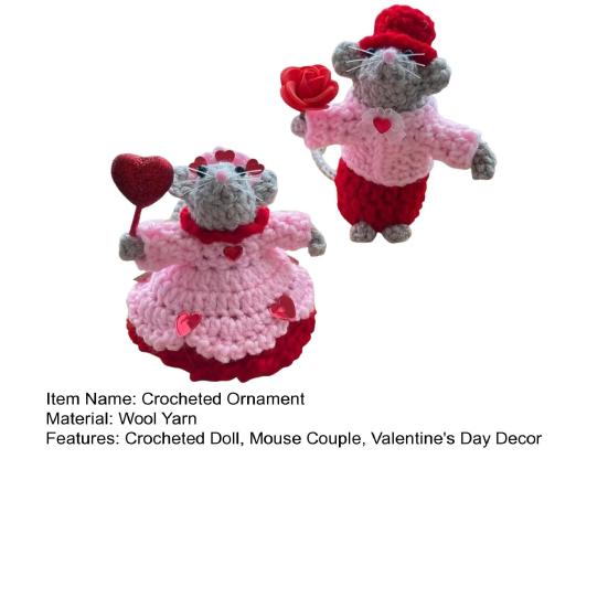1 Pair Crocheted Mouse Couple Handmade Crochet Mice Ornaments Valentine's Day Decor Mice Doll for Desk Mantel Bedside Table