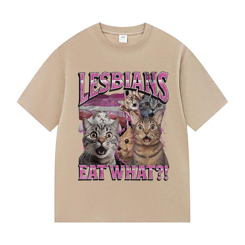 Vintage Lesbians Eat What Funny Cat Meme T Shirts Men Women Aesthetic Fashion Short Sleeve T-shirt Summer Oversized Cotton Tees