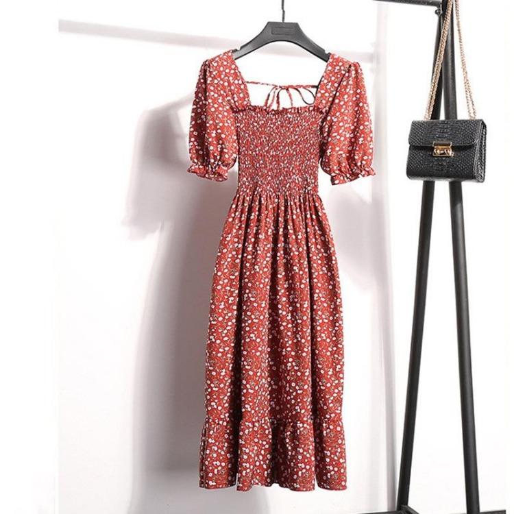 Summer Floral Print Dress Women Casual Slim Fit Square Collar Pleated Waist Medium Long White Sizes S-XL