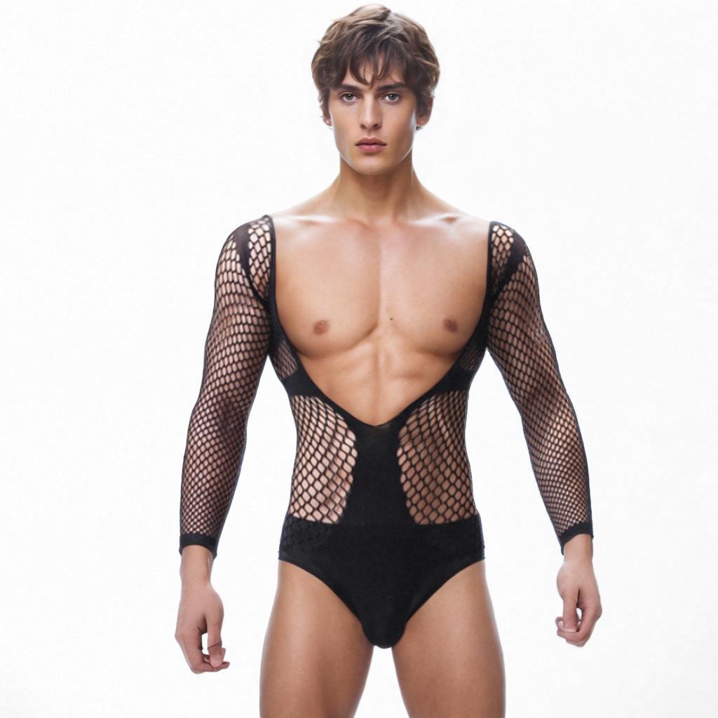 Men Sexy Lingerie Exotic Fishnet Bodystocking Jumpsuit Mesh Net See-through Long Sleeve Bodysuit Gay Sleepwear Club Wear