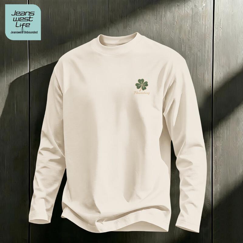 Jeanswest Life Men's Minimalist Clover Print Long-Sleeve Cotton Crewneck T-Shirt