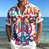 Men's Short Sleeved Shirt with Lapel Collar, Retro Guitar and Peace Logo Printed Shirt, Hippie Style Music Floral Printed Top