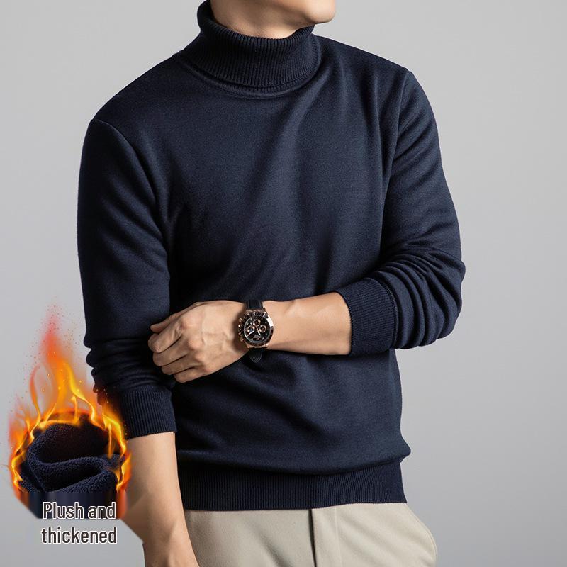 Men's Thick Velvet Wool Sweater - Machine Washable High Neck, Autumn/Winter, 550g Warm Base Layer