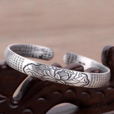 Thai Silver Heart Sutra Lotus Jackfruit Bracelet - Black Lotus Openwork Design