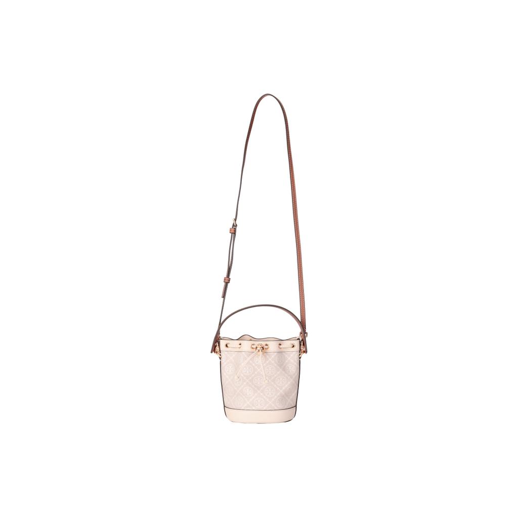 Tory Burch T Monogram All Over Print Drawstring Jacquard Fabric Leather Trim Bucket Bag Mini Women Bags Ivory 80534-254