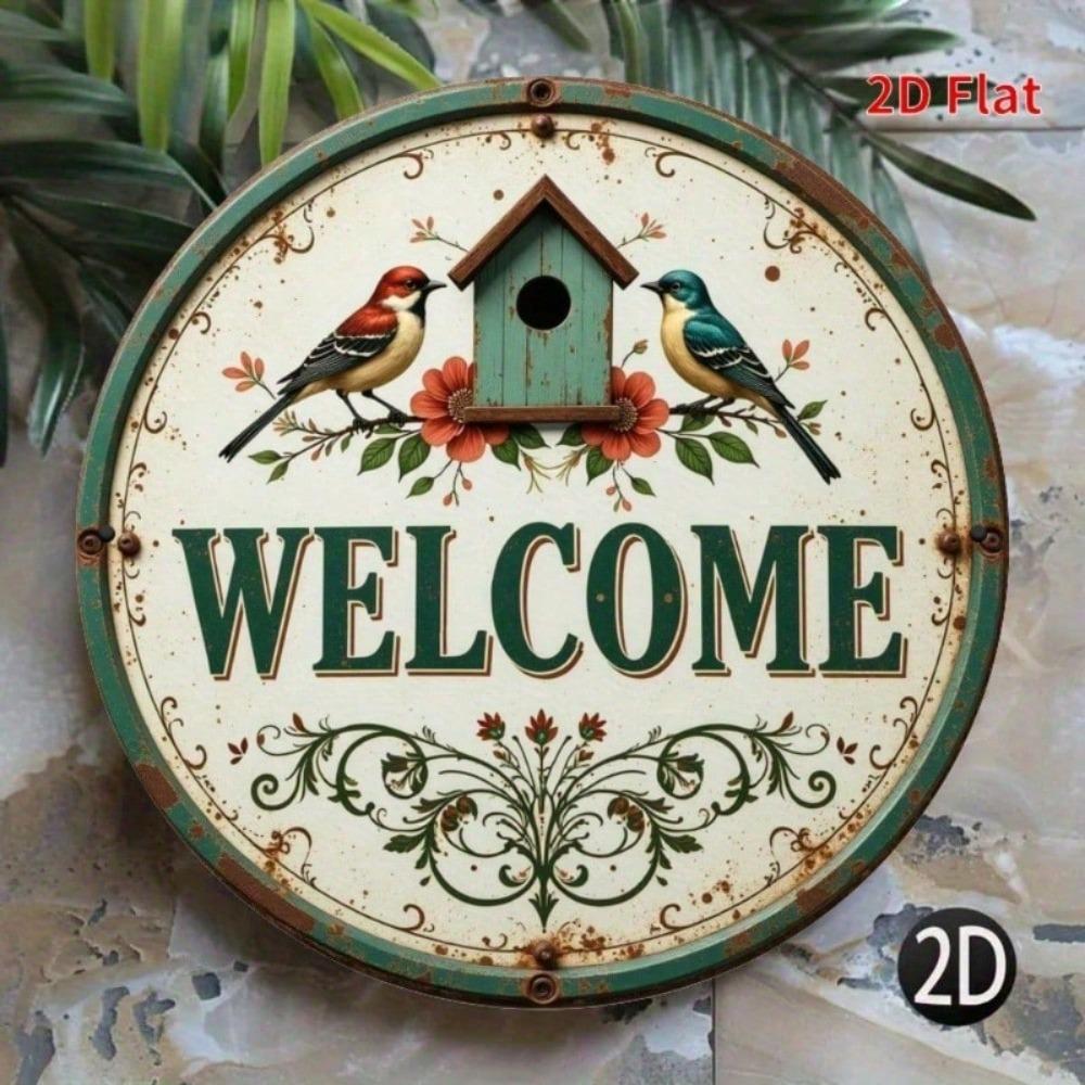 Vintage Metal Wall Art Round Bird and Flower Sign Retro Home Decor