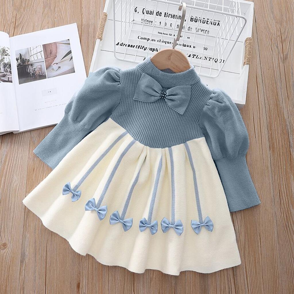 1 To 6T Kids Girls Floral Print Bowknot Dress Ribbed Round Necks Fall Dress  Girls