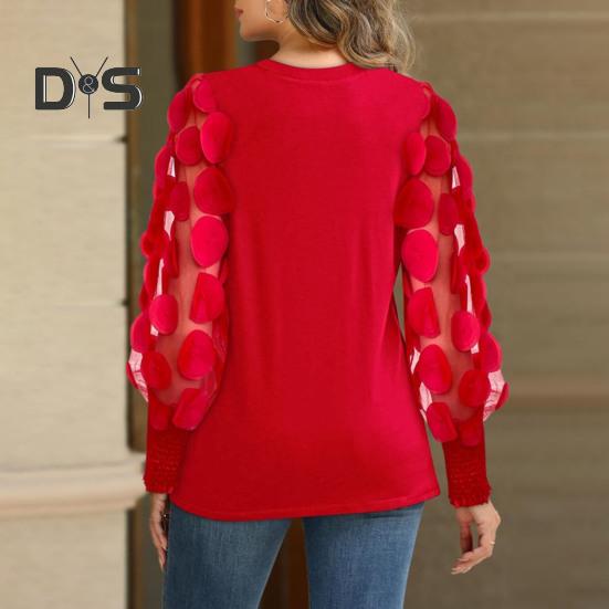 Damen-Oberteile, Rundhalsausschnitt, Mesh, hohl, Puffärmel, Pullover, Oberteile, einfarbig, vielseitige Styling-Bluse