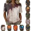 Women's Short Sleeve Henley Shirt Cotton Linen Blend Casual Buttoned Neck Top with Halloween Inspired Pattern and Relaxed Fit