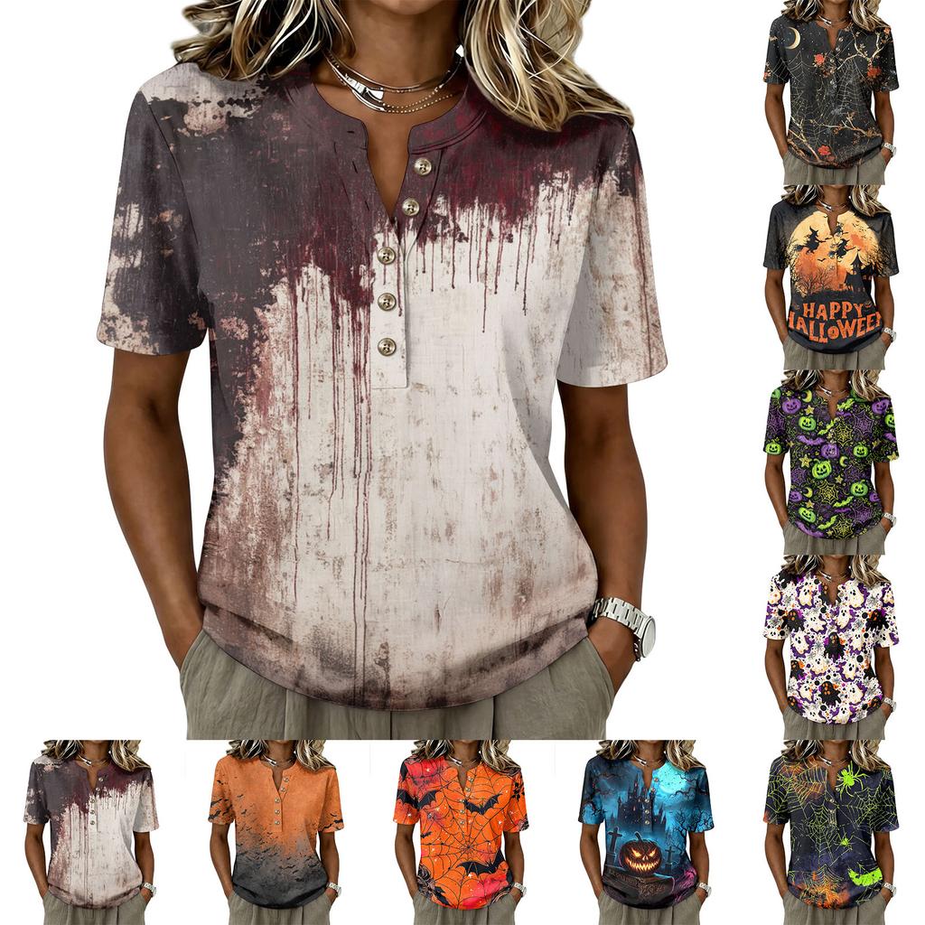 Women's Short Sleeve Henley Shirt Cotton Linen Blend Casual Buttoned Neck Top with Halloween Inspired Pattern and Relaxed Fit
