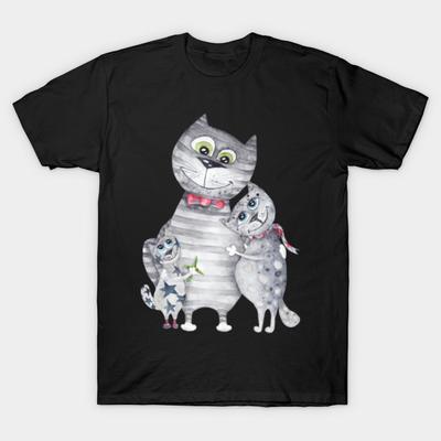 Camiseta para Hombre Negra con Estampado Talla Super Grande Camiseta pintura-familia-gato-lindo Impresión con Papel Transfer Sin Corte Camiseta de Algodón
